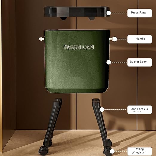 Tall Trash Can with Wheels, 15L Large Capacity Narrow Garbage Can with Elevated Legs, Trash Bin for Kitchen Bathroom Living Room Office (Green)