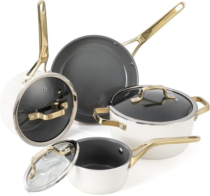 7-Piece White Ceramic Nonstick Cookware Set, Pots and Pans | 4 pots, 3 clear lids; stay-cool grips; 100% PFAS-free; 480°F oven & dishwasher safe; heavy daily family cooking routines