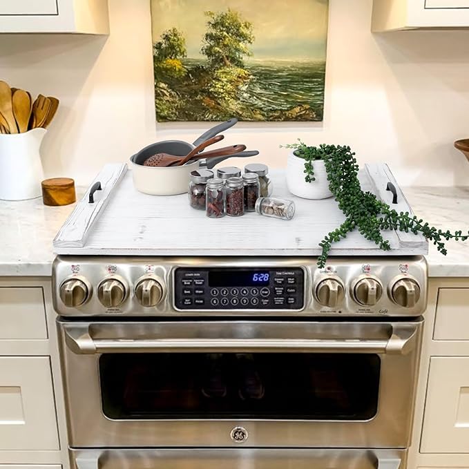 SwallowLiving Wood Noodle Board Stove Cover with Handles, Wooden Stovetop Cover Board for Gas Stove and Electric Stove Top,Kitchen Sink Cover for Counter Space, Cutting Board, White