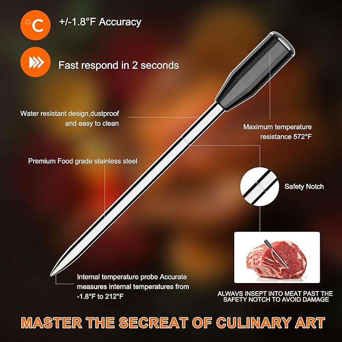 Smart Wireless Meat Thermometer with Ultra-Thin Probe | Long Range Cooking Thermometer with App for Remote Monitoring of BBQ, Grill, Kitchen, Smoker, Rotisserie