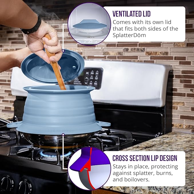 L.I.Q Silicone Splatter Guard – Fits 10 and 12 Inch Pots (25 and 30 Centimeters) – Microwave Safe and Durable SplatterDom - Includes 10” Lid - Food and Oil Splash Guard (Blue Steel, Large)