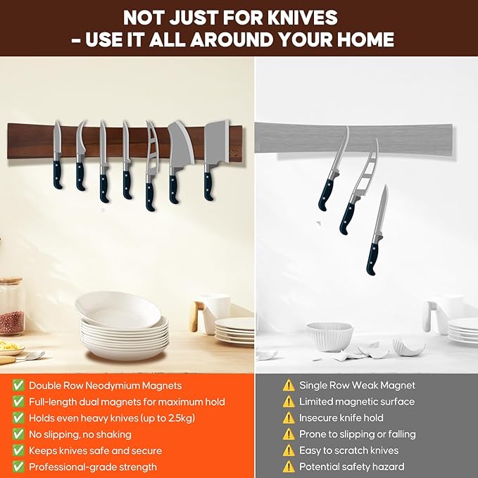 16 Inch Magnetic Knife Holder for Wall,Acacia Wood Double Sided Magnetic Knife Strip for Fridge,No Drilling