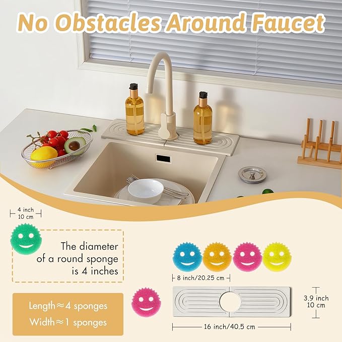 Quick Dry Stone Sink Splash Guard, 16" Extended Diatomaceous Earth Sink Absorbent Faucet Mat, Instant Drying Stone Tray for Kitchen & Bathroom Countertops, Aesthetic Home Decor Gift Women, Ash Grey