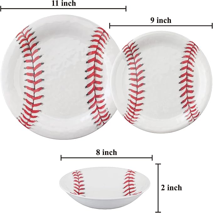 UPware 12 Piece Baseball Melamine Dinnerware Sets, Outdoor Dishes Set, Plates and Bowls Sets, Service for 4, White