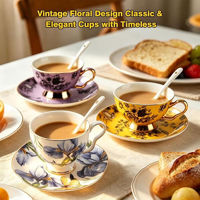 Bone China Tea Cup and Saucer Set with Spoon，Elegant Floral Tea Cup Set (7 oz)，British Coffee Latte Mug for Birthday Party Christmas gift for Friends