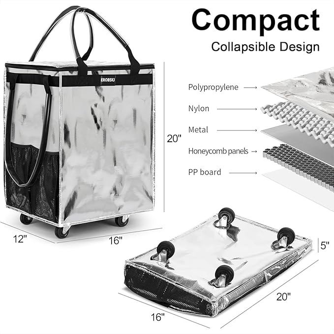 (Medium,Silver) Reusable Grocery Bag on Wheels, 70L Foldable Rolling Tote, Carries Up to 66 lbs Shopping Trolley, Zipper Clouser Shopping Carts for Trips, Laundry, 4 Heavy Duty Wheels and 3 Handles