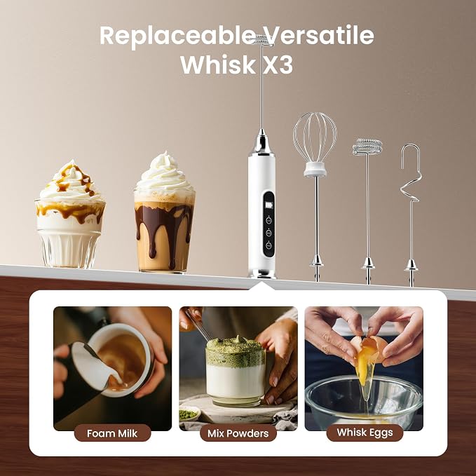 YUSWKO Milk Frother Wand for Coffee, White Handheld Coffee Frother, Rechargeable Drink Mixer, Waterproof Electric Whisk