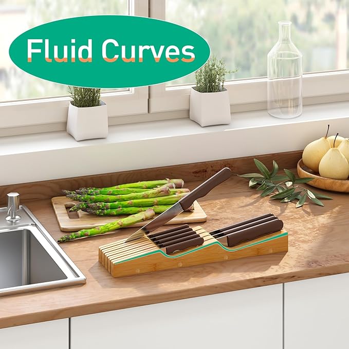Knife Drawer Organizer, Bamboo Wood In-Drawer Knife Block, Knife Organizer Holds Up To 9 Knives