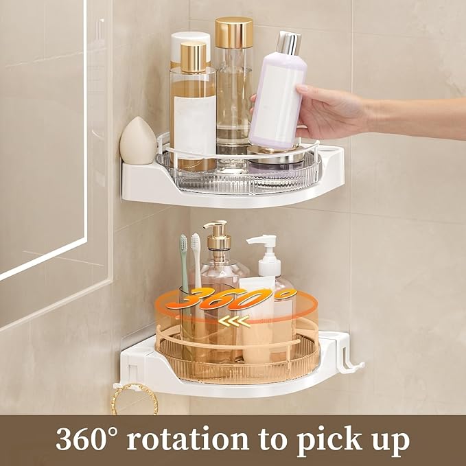 360°Rotating Corner Shower Caddy(2-Pack), No-Drill Adhesive Shower Shelf Organizer with Hooks, Lazy Susan Bathroom Storage for Bathtub, Shower Corner & Kitchen Sink, Space Saving Bathroom Organizer