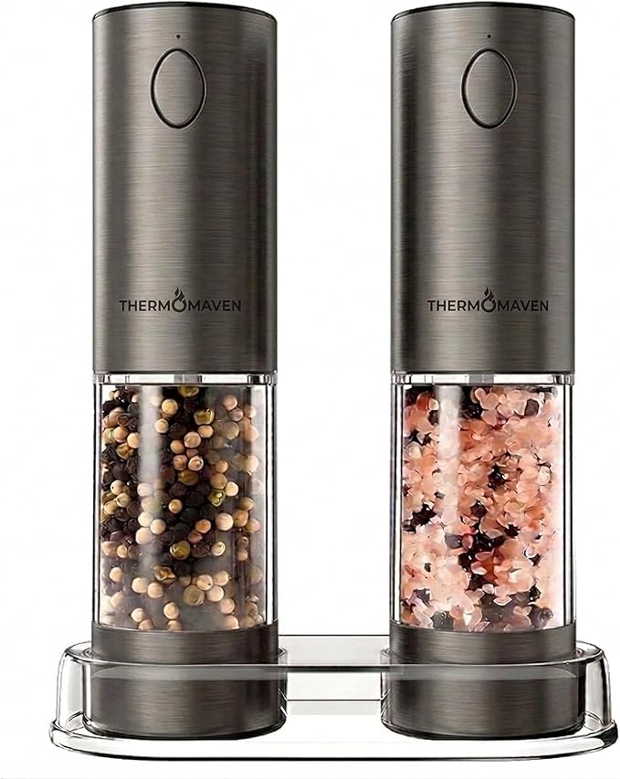 ThermoMaven Electric Salt and Pepper Grinder Set, 110ml Larger Rechargeable Automatic Salt and Pepper Mill Grinder with 6 Adjustable Coarseness, Electric Salt and Pepper Shakers, LED, Gun Grey
