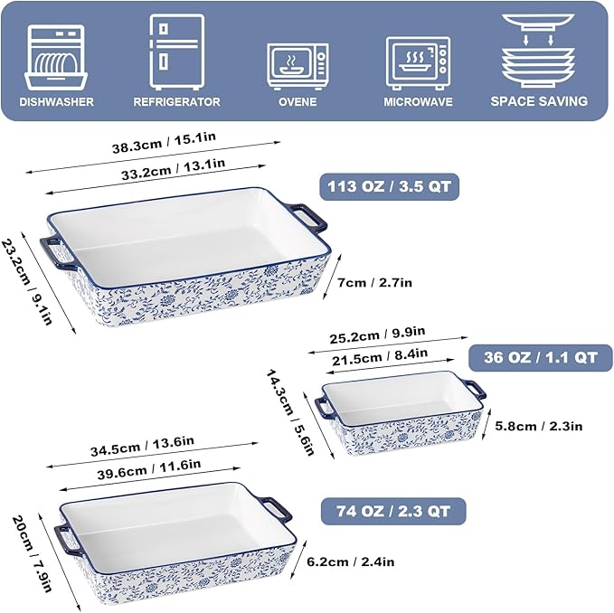 Ceramic Bakeware Set - Casserole Dish Baking Dishes for Oven - Rectangular Lasagna Pans with Handles for Kitchen Cooking - Microwave & Dishwasher Safe - Set of 3 (15.1''/13.6''/9.9'') - Blue