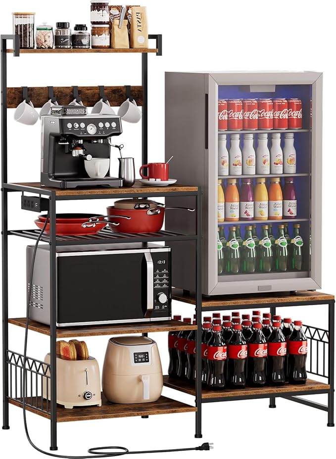 Portin Mini Fridge Stand Coffee Bar Cabinet with Power Outlet | 7 Tier Shelf with S-Hooks, Kitchen Bakers Rack, Fit microwave, toaster, kitchen utensils, and beverages, for Dorm,Office