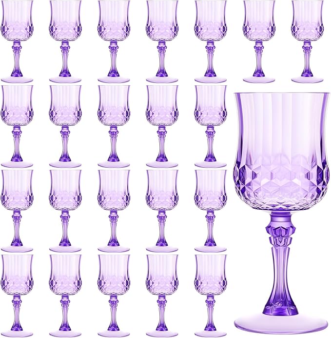Pinkunn 24 Pcs 7 oz Plastic Vintage Wine Glasses Reusable Colored Goblets Patterned Drinking Water Glasses Cup Dishwasher Safe for Mother's Day Wedding Reception Party Supplies (Purple)
