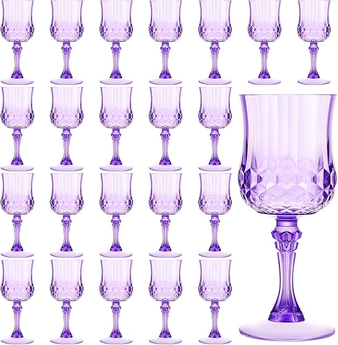 Pinkunn 50 Pcs 7 oz Plastic Vintage Wine Glasses Reusable Colored Goblets Patterned Drinking Water Glasses Cup Dishwasher Safe for Mother's Day Wedding Reception Party Supplies (Purple)