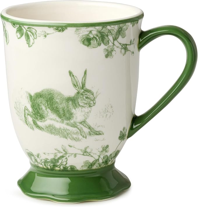 Le Jardin 6oz MUGS SET OF 4 – Green Bunny Stoneware Cups for Coffee, Tea & Cocoa – Charming Drinkware for Spring Brunch or Morning Routines