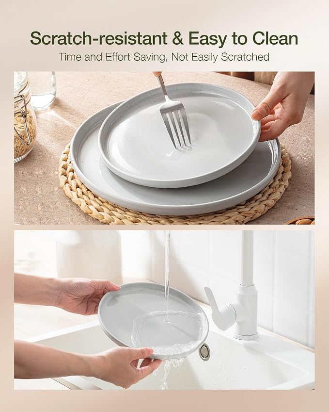 Famiware Milkyway Stoneware Dinnerware Sets with Pasta Bowls, Service for 6 (24 Pieces), Plates and Bowls Sets -Scratch Resistant, Microwave and Dishwasher Safe Dishes Set, Light Gray