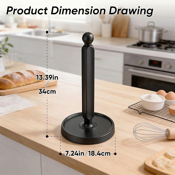 theaoo Paper Towel Holder Countertop, One-Handed Tear Paper Towel Stand Dispenser with Damping Function for Kitchen Bathroom, Stainless Steel Paper Towel Holder with Weighted Non-Slip Base (1, Black)
