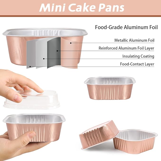 200 Pack 10 oz Square Mini Cake Pans with Lids, Disposable Aluminum Foil Baking Cups, Mini Ramekins for Brownies, Cupcakes, Cheesecake, Individual Desserts, Christmas Parties & Catering