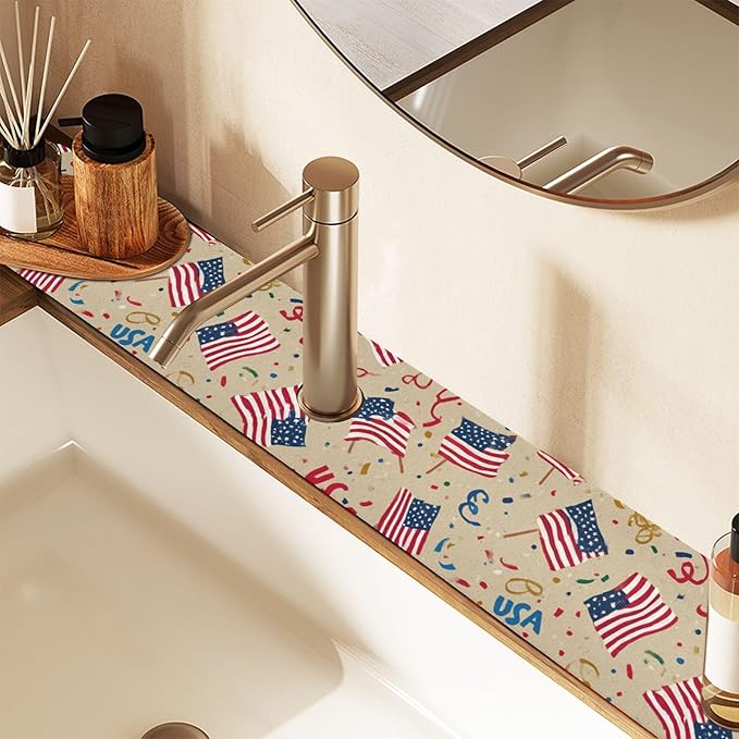 Kitchen Sink Splash Guard 1 PC 14.7 Inch Sink Faucet Mat Splash Guard for Bathroom Countertop Water Absorbent Foldable Cuttable Soft Washable Brown Patriotic American Flags