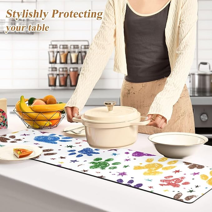 Paw Prints and Stars Trivet Table Runner Heat Resistant 230F for Hot Dishes Pots Plates Kitchen Dining Table Protector Decorative 39.37 X 11.8 Inch
