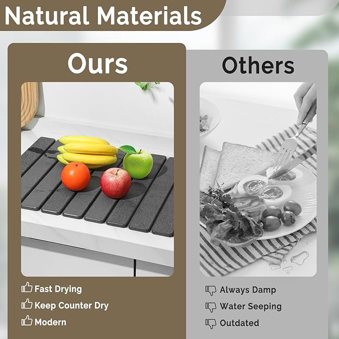 Large Stone Dish Drying Mat for Kitchen Counter, 2PCS Quick Dry Stone Dishes Mat,Foldable Water Absorbing Diatomaceous Drying Organizer Pad for Plates Rack Bottles Utensils(Dark Gray 24"×16" & 8"x4")