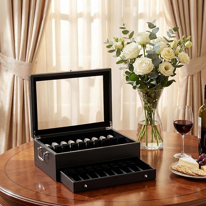DoubleFill 2 Layer Leather Silverware Storage Box with Lid and Handles, Anti Tarnish Silverware Storage Chest Case with Felt-lined for 12-16 or More Sets of Utensils Flatware Gifts, 15.3x11.2x5.7 Inch