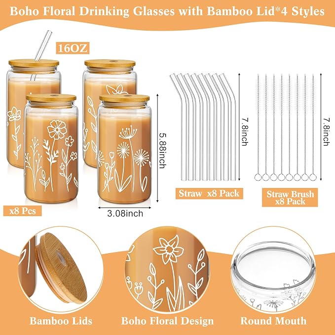 Mumufy 8 Pack Glass Cups Gift Aesthetic Cute Glass Cup Tumbler Flower Iced Coffee Mugs 16 oz with Bamboo Lid & Straw, for Wedding Birthday Bridesmaid Mom Baby Shower