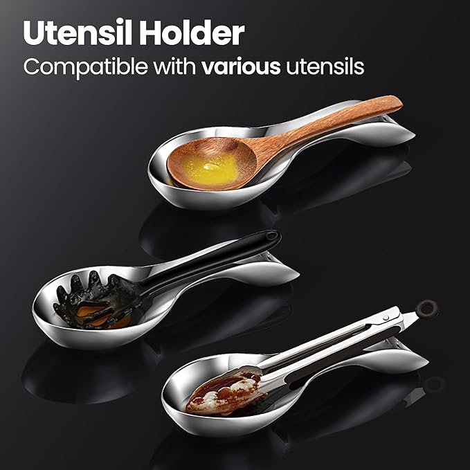 Break-Proof Kitchen Spoon Rest for Stove Top – Premium Stainless Steel Spoon Holder for Kitchen Counter – Mirror-Polished, Heavy-Duty with a Luxury Look – Dishwasher Safe & 5-Year Warranty