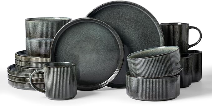 Famiware Star 16-Piece Stoneware Dinnerware Set, Service for 4, Reactive Glaze Mugs, Plates and Bowls, Dishes with Trim, Modern Rustic, Chip/Scratch Resistant, Microwave/Dishwasher Safe, Deep Forest