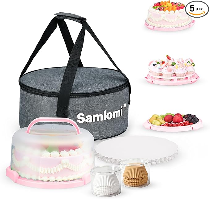 Cake Carrier, Cake Stand with Lid, Bpa-Free Cake Holder with Lid for 10 Inch Round Cake Carrier with 10 pcs Round Golden Cake Boards and Portable Insulated Bag & Two Boxes of Cupcake Paper Liners