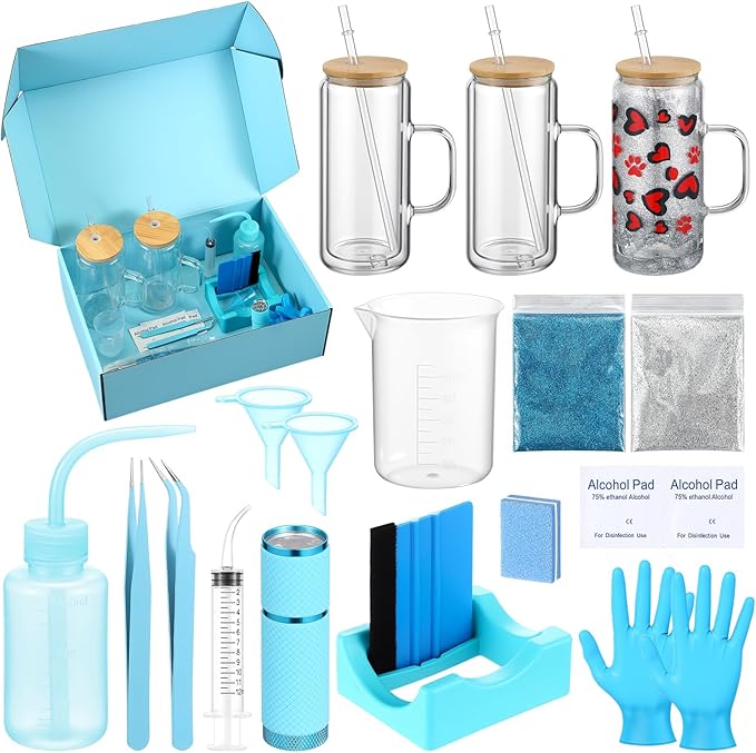 Baderke 20 Pcs Snow Globe Tumbler DIY Kit 16 oz Tumbler Squeeze Bottle, Glitter, Funnel Tweezer Silicone Cup Cradle Measuring Cup Glove Flashlight Buffer for Beginner(Blue,Special)