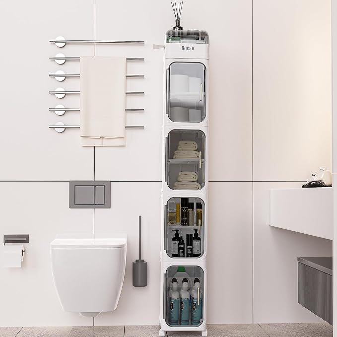BINSIO 5-Tiers Slim Bathroom Organizers and Storage, Bathroom Counter Organizer, Toilet Paper Storage, Foldable Organizer Storage Cabinet, Portable Laundry Room Organization, Plastic White Clear Doors