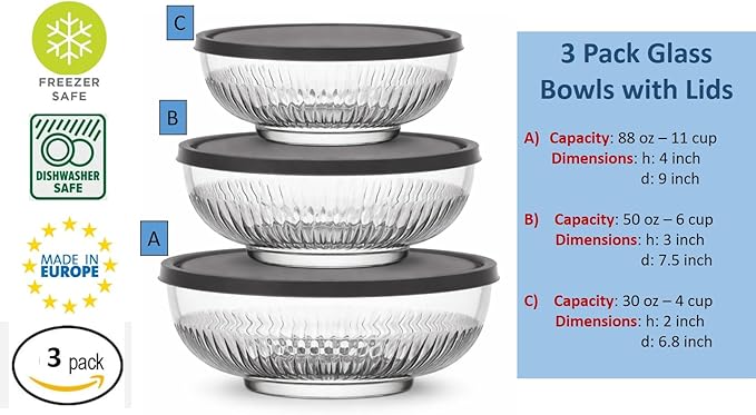 BOHEM'S 3 Pack Glass Bowls with Lids, Space-Saving Stackable Heavy Glass Food Storage Containers set with Lids, Meal Prep Containers With BPA-Free airtight Lids (4-6-11 cup) (30–50–88 oz)