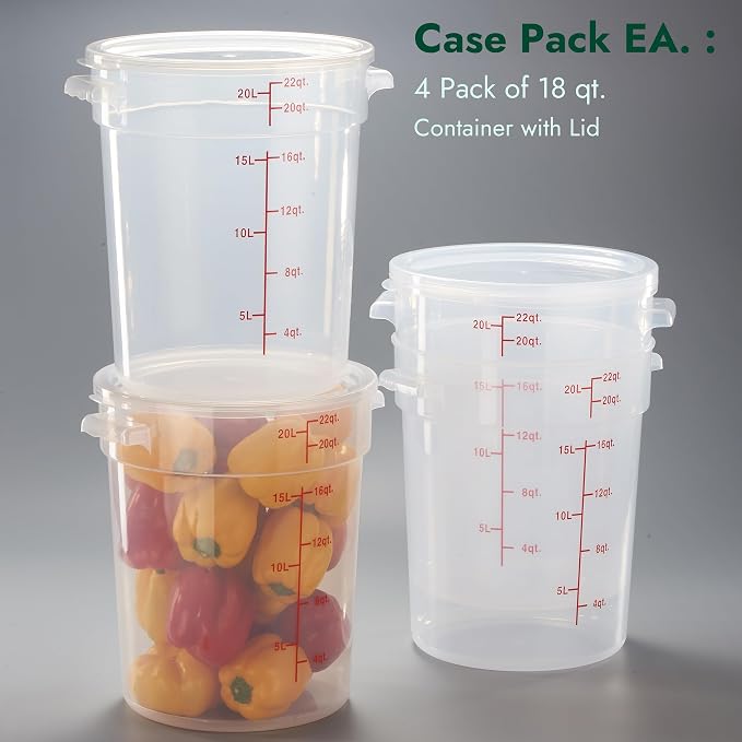 CURTA 22 Quart Translucent Round Food Storage Container with Lid, Pack of 4 – NSF Listed, BPA-Free, Commercial-Grade Polypropylene, Freezer & Dishwasher Safe, Non-Stick, Easy-Read Graduations