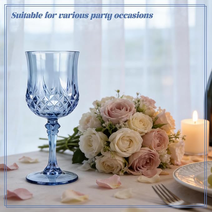 16 Pack Plastic Wine Glasses,10oz Unbreakable Vintage Style Goblets,Reusable Crystal Like Drinking Glass for Wedding Reception, Party Supplies (Blue)