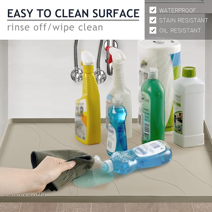 Heavy Duty Silicone Under Sink Mats for Kitchen Waterproof 22" x 22", Extra Thick Under Sink Rubber Mat Drip Tray, Raised Edge Under Sink Liner,Prevent Drips, Leaks, Spills,Brown