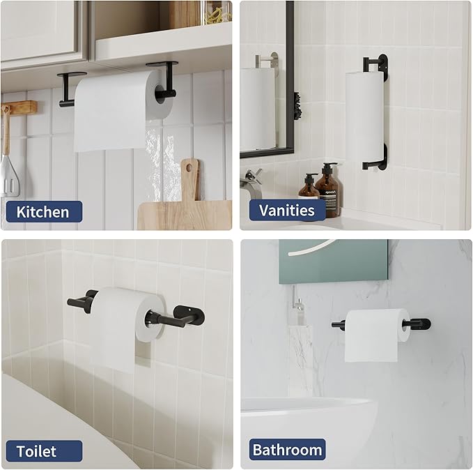 Paper Towel Holder Under Cabinet, Single Hand Operable Roll Holder with Damping Effect,Self-Adhesive or Drilled SUS304 Stainless Steel for Kitchen Bathroom,Matte Black