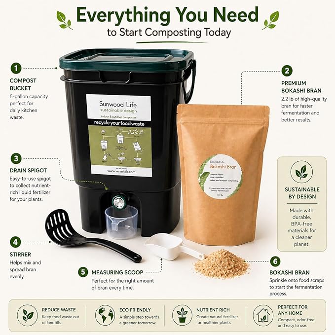 Indoor Bokashi Composter Starter Kit, 2.2 lb Premium Bokashi Bran Included, Easliy Turn Your Kitchen Wastes into Nutrition for Your Garden Soil (Black)