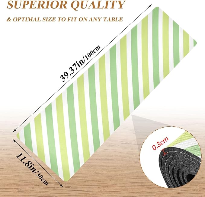 2-in-1 Table Runner Trivet for Hot Dishes Heat Resistant Hot Plate Mat Pad 39x12 Inch Waterproof Table Protector Trivets for Countertop Non Slip Decorative Green Lines