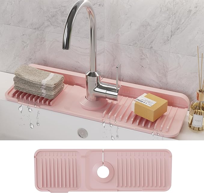 WAFT YEARN 17X5 Inch Silicone Durable Faucet Mat Kitchen Sink Splash Guard Draining Protector Tray Liner Absorbent Protective Counter Accessories For Sink Kitchen Bathroom Laundry Room Bar & RV Pink