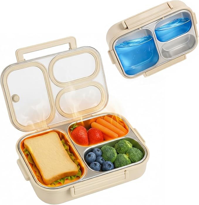 304 Stainless Steel Lunch Box for Work & Travel, 3-Compartment Leakproof Food Container, Healthy Eating & Portion Control, Safe for Home Use, Portion Control for Healthy Eating (Off-white 3 grids)