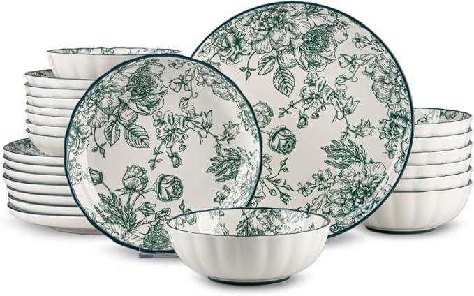 24-Piece Dinnerware Set Service 8, Porcelain Plates and Bowls Set, Vintage Green Rose Scalloped Edge, French Country Aesthetic, Microwave Dishwasher Safe