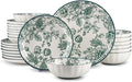 24-Piece Dinnerware Set Service 8, Porcelain Plates and Bowls Set, Vintage Green Rose Scalloped Edge, French Country Aesthetic, Microwave Dishwasher Safe