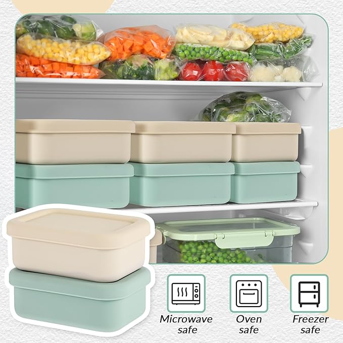 Teenyyou 6 Packs 1 Cup Silicone Soup Freezer Molds with Lid Silicone Soup Freezer Trays Rectangle Reusable Food Preserving Tray Freezing Sauces Stews(Sage Green, Beige)