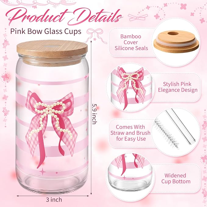 Skylety 12 Set Pink Bow Gifts Coquette Party Favors Bow Glass Cup with Lid and Straw Spiral Notebooks Sticky Pens for Baby Shower Game Prizes for Winners Bridal Shower Bachelorette Party Supplies