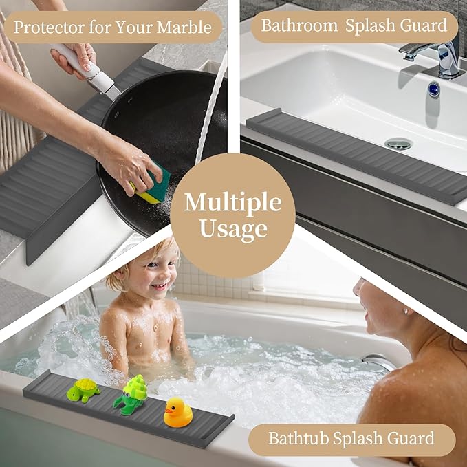 Sink Edge Protector with Suction Cup, 14" x 4", Silicone Sink Splash Guard for Kitchen & Bathroom, Protect Countertop from Scratches, Stains, for Stainless Steel Granite Quartz, Gray