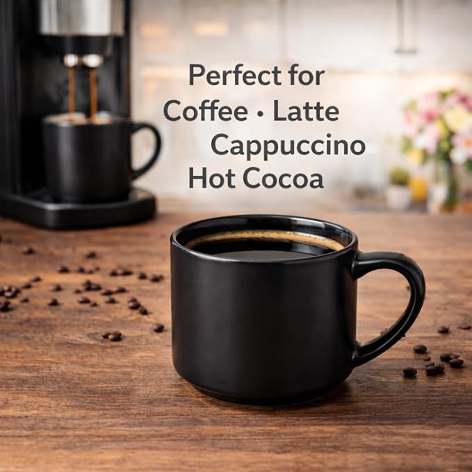GBhome 14 OZ Coffee Mugs Set of 6, Stackable Ceramic Mugs for Men, Women, Modern Coffee Cups With Stable Base for Latte, Tea, Cappuccino. Dishwasher & Microwave Safe, Matte Black