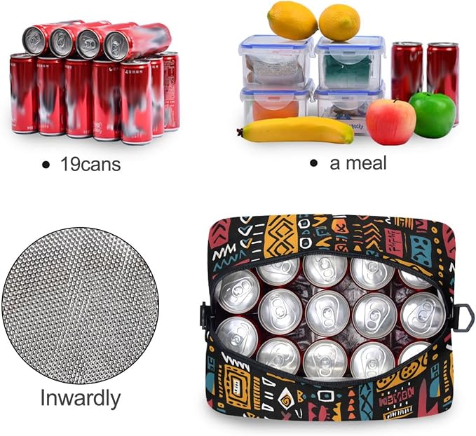 OREZI Reusable Lunch Bag for Girls Boys Women Men,African Ethinic Geometric Print Lunch Box Container with Detachable Shoulder Strap,Insulated Lunch Coolers for School Office