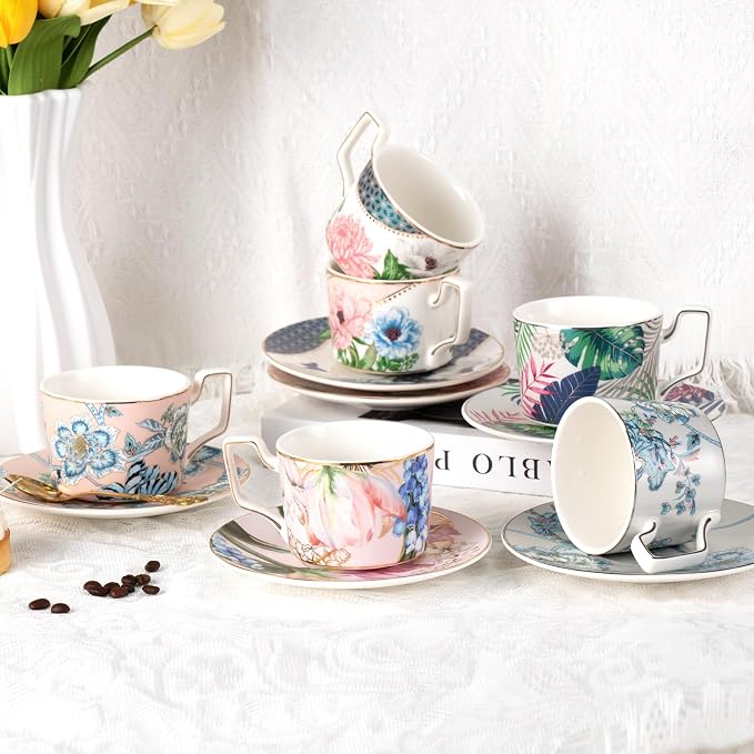 KAMMAK Tea Cups and Saucers Set of 2, Porcelain Coffee Cups, Stackable Espresso Mugs, Ceramic Demitasse for Coffee, Latte, Americano, Tea, Turmeric - Gold