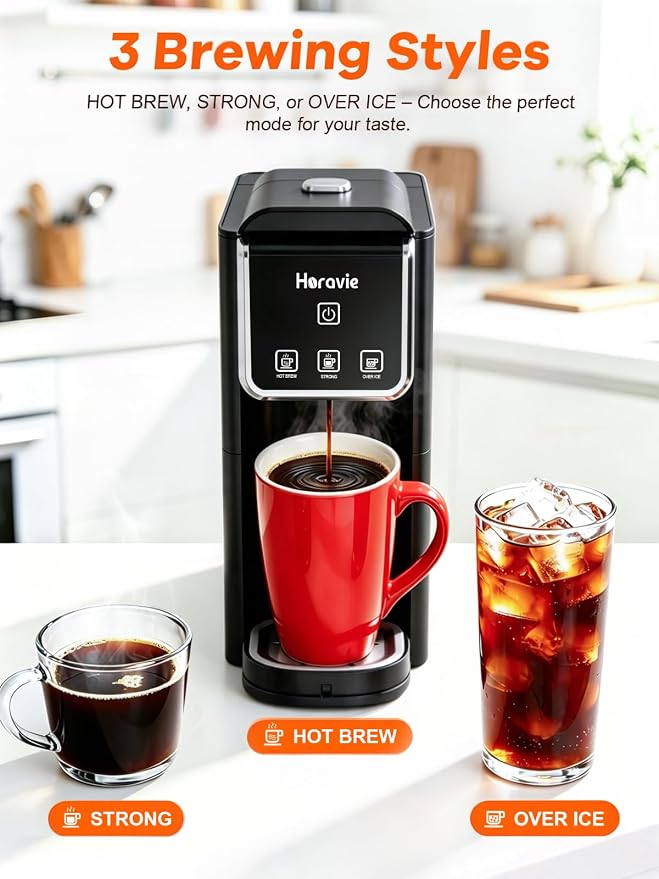 Horavie Hot and Iced Single Serve Coffee Maker, for K-Pod and Grounds, Strong Brew Setting, 6-12 Oz Brew Sizes One Cup Coffee Maker for Home, Travel, RV, Office and Dorm, Black